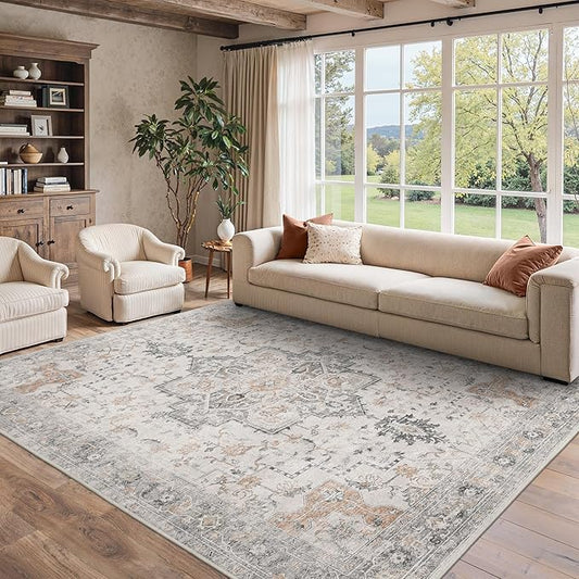 8x10 Area Rugs for Living Room, Machine Washable Non Slip Vintage Rugs, Low Pile Lightweight Print Rug for Bedroom, Dining Room, Home Office, Light Taupe Brown
