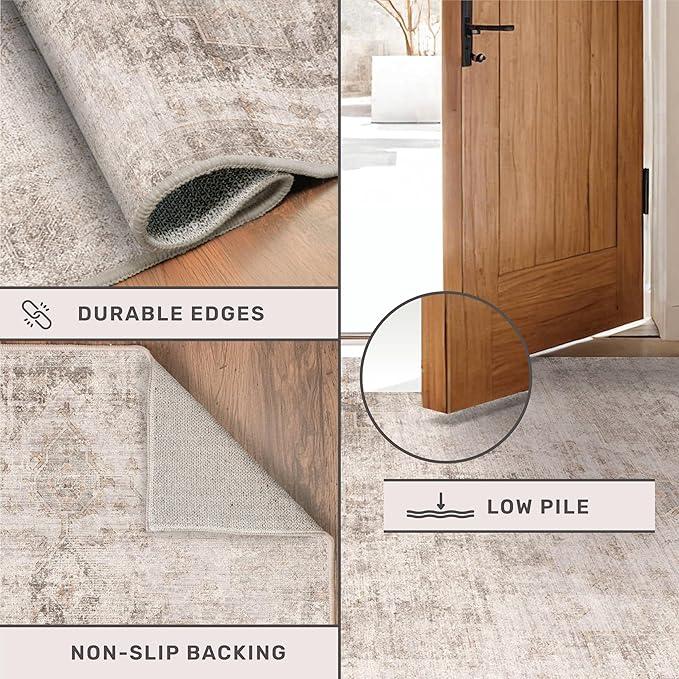 Washable 4x6 Rug for Small Living Room, Area Rug for Kitchen, Bedside, Large Entryway Indoor - Stain Resistant Non Slip with Rubber Backing, Unique Floral Aethestic Décor, Light Brown & Beige