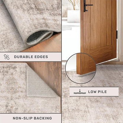 Washable Non Slip Stain Resistant 2x5 Runner Rug for Bathroom, Kitchen, Laundry Room, Bedroom Beside Bed, Unique Tan Distressed Abstract Eclectic Runner Décor, Beige Brown