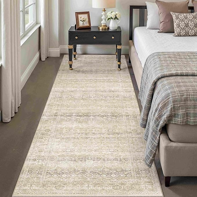 HUGEAR 2x8 Area Rug Beige Vintage Neutral Washable Runner Rug Non Slip Soft Distressed Carpet Low Pile Pet Friendly for Kitchen Hallway Porch Foyer