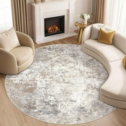 6ft Round Area Rug Living Room Rugs - 6x6 Washable Neutral Modern Abstract Soft Thin Rug Indoor Floor No Slip Rug Carpet for Bedroom Under Dining Table Home Office Decor - Brown Grey