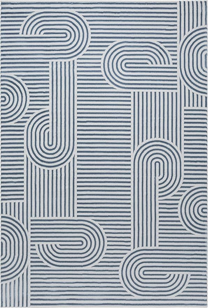 Annabel Modern Geometric Area Rug for Living Room, 6x9 Contemporary Arched and Linear Blue Rug, High-Low Pile Stain Resistant Carpet for Bedroom, Dining Room or Kitchen (6' x 9', Blue)