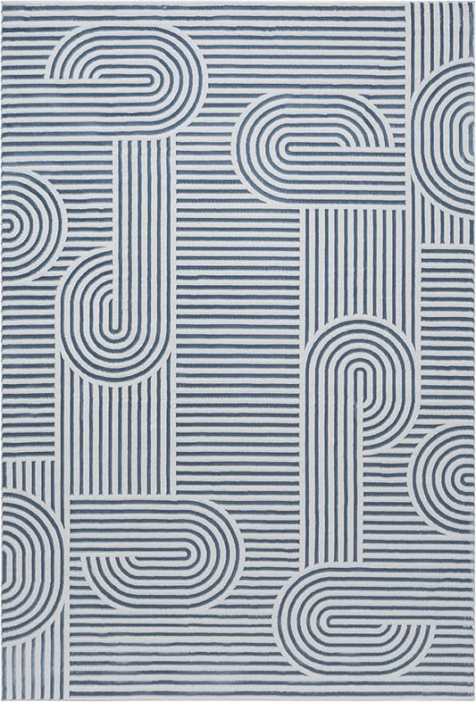 Annabel Modern Geometric Area Rug for Living Room, 6x9 Contemporary Arched and Linear Blue Rug, High-Low Pile Stain Resistant Carpet for Bedroom, Dining Room or Kitchen (6' x 9', Blue)