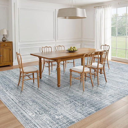 7x9 Area Rug Living Room: Washable Large Vintage Blue Rug Neutral Non-Slip Soft Stain Resistant Indoor Carpet for Bedroom Nursery Dining Room Under Table Bed Home House Office Playroom