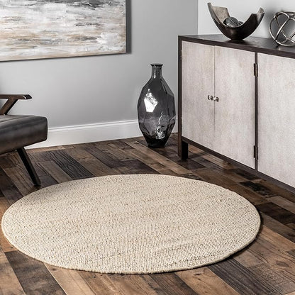 nuLOOM 4 Round Elfriede Jute & Cotton Hand Woven Area Rug, Natural, Solid Rustic Farmhouse Style, Weaved Design, Natural Fiber, For Bedroom, Living Room, Dining Room, Hallway, Office, Entryway
