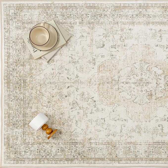 9x12 Washable Area Rug Beige Vintage Distressed Large Rug for Living Room Oriental Soft Thin Indoor Retro Carpet Non Slip Low Pile Floor Cover for Bedroom Dining Room Office Nursery