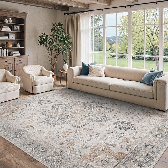 9x12 Area Rugs for Living Room, Non Slip Machine Washable Vintage Rugs, Low Pile Lightweight Print Large Rug for Bedroom, Dining Room, Home Office, Light Taupe Brown