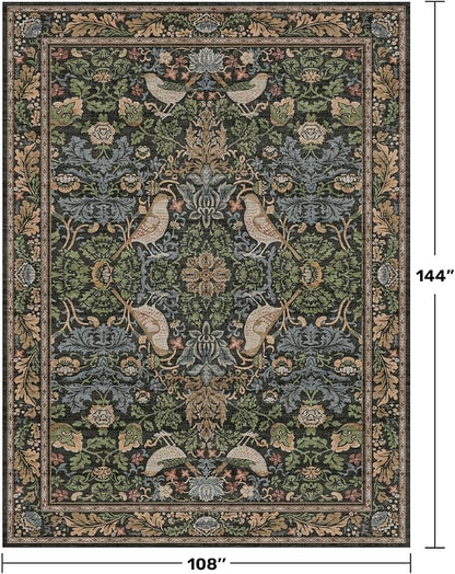 Vintage 9x12 Dining Room Rugs for Under Table - Dark Botanical & Bird Patterned Rugs for Living Room, Bedroom Under Bed, Traditional Cottage Brown and Green Décor, Washable Non Slip Folable Carpet