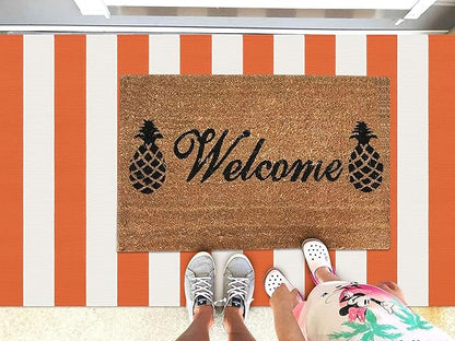 KOZYFLY Striped Rug 3x5 Ft Orange and White Halloween Fall Front Door Rug Hand Woven Area Rugs Washable Outdoor Doormats Indoor Entrance Mat for Front Porch Kitchen Entryway Patio Holiday