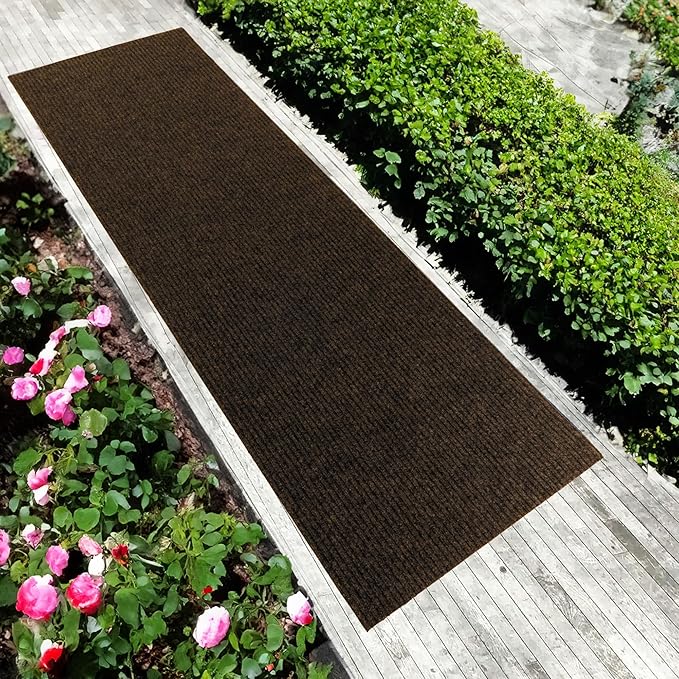 English Home Custom Size Non Slip Striped Design Durable Anti Slip Back Tough Pile Runner Rug for Hallway, Outdoor, Indoor, Commercial, Residential, Pool, Office (Brown, 26" x 20')