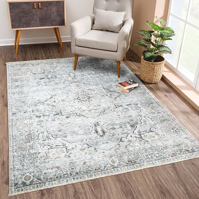 Bloom Rugs Caria Washable Non-Slip 4x6 Rug - Ivory/Gray/Caramel Traditional Area Rug for Living Room, Bedroom, Dining Room, and Kitchen - Exact Size: 4' x 6'