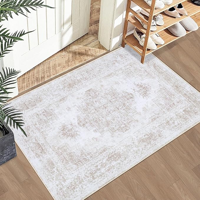 Entryway Rug 2x3 Vintage Rugs, Machine Washable Small Area Rug Retro Medallion Distressed Rugs Non-Slip Soft Low Pile Throw Rug for Entryway Bedroom Bathroom Hallway Kitchen(Beige,2'x3')