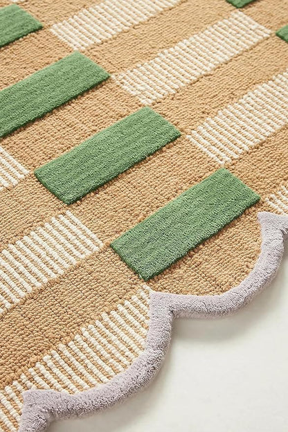 Hand-Tufted Wool Area Rug with Scalloped Edges, Beige and Green Plaid Pattern, Cozy and Soft Accent Rug for Living Room, Bedroom, and Nursery, Handmade Decorative Rug, 9x9 Ft (Round)