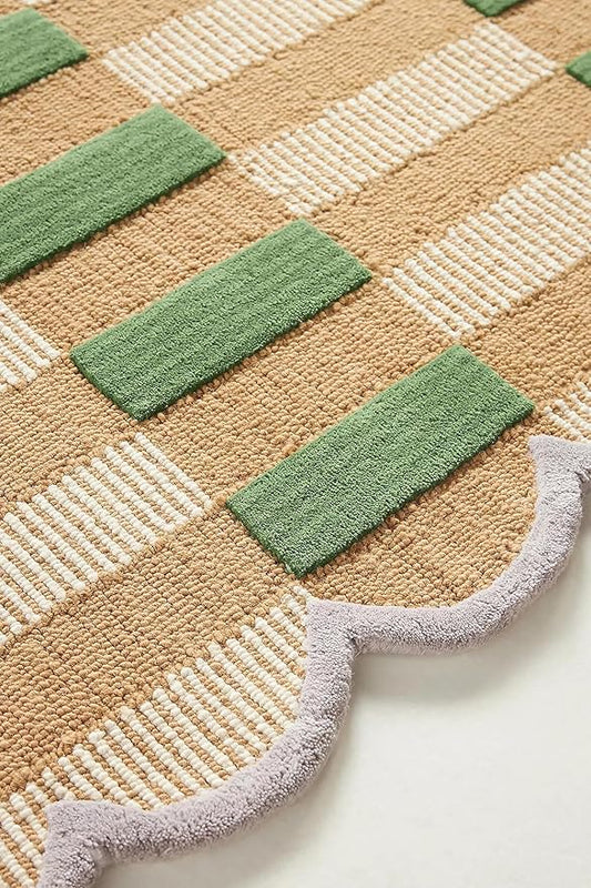 Hand-Tufted Wool Area Rug with Scalloped Edges, Beige and Green Plaid Pattern, Cozy and Soft Accent Rug for Living Room, Bedroom, and Nursery, Handmade Decorative Rug, 6x9 Ft
