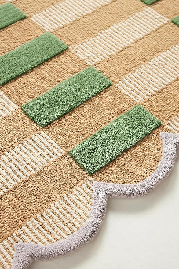 Hand-Tufted Wool Area Rug with Scalloped Edges, Beige and Green Plaid Pattern, Cozy and Soft Accent Rug for Living Room, Bedroom, and Nursery, Handmade Decorative Rug, 7x10 Ft