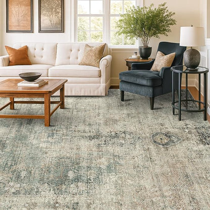Neutral Dark Rugs for Living Room - 6x9 Washable Rug for Dining Room Table, Bedroom Under Bed, Ultra-Thin Soft Textured Moss Green Indoor Decor