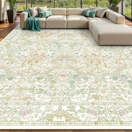 Floral Sage Green Washable Area Rugs 9x12 for Living Room, Vintage Large Thin Botanical Rug for Bedroom, Dining Room Under Table - Cottagecore Soft Boho Accent Carpet with Low Pile & Non-Slip
