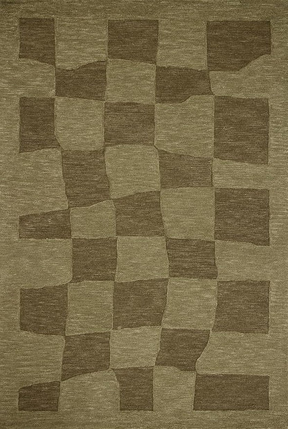 Loloi Leanne Ford Craven Collection CVN-03 Green/Olive 9'-3" x 13' Area Rug Checkered, Patterned, Neutral, Living Room, Bedroom, Dining Room