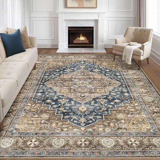 9x12 Area Rug Living Room: Washable Boho Large Neutral Vintage Soft Rugs Stain Resistant Farmhouse Non-Slip Indoor Floor Carpet for Bedroom Nursery Kids Office Dining Room Playroom- Yellow Blue