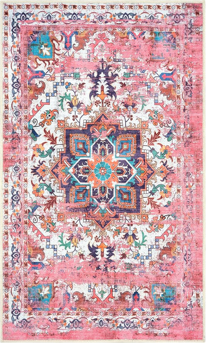 GLN Rugs Traditional Collection - Machine Washable Area Rug, Traditional Washable, Non Slip, Low Pile Chenille Rug, Living Room, Bedroom, Kitchen Rug (2'6" x 7' Pink/Multicolor)