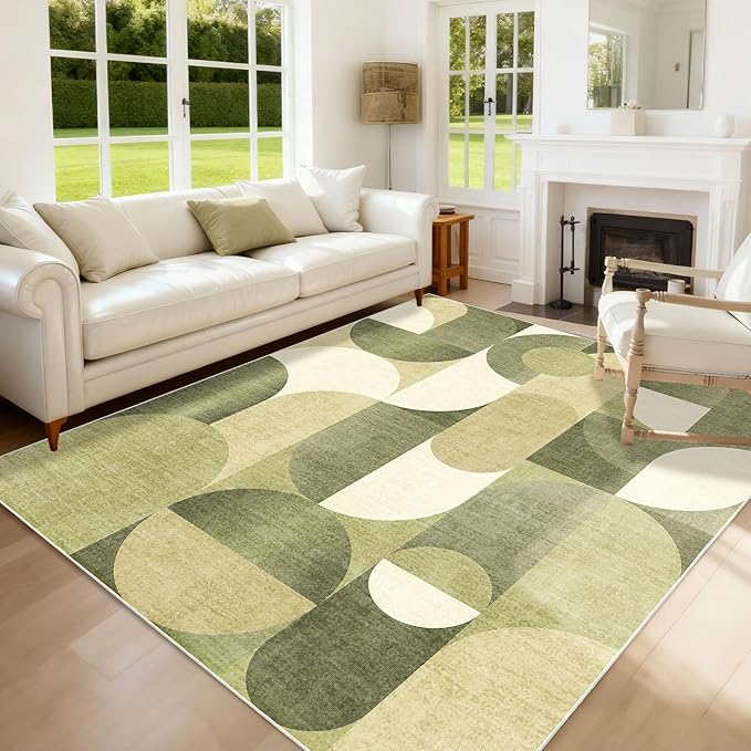 5x7 Area Rugs Green Washable Rug for Living Room Bedroom,Large Modern Geometric Non Slip Carpet for Dining Room Farmhouse Office