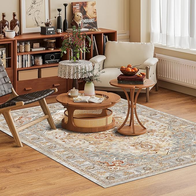 Washable Area Rug 9' x 12' Vintage Traditional Persian Mat - Foldable Distressed Non-Slip Machine Washable Carpet for Living Room Bedroom Kitchen Home Decor - Dove Gray and Coral
