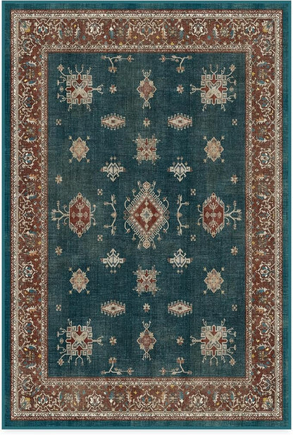 RUGGABLE Washable Vintage Area Rug – Verena Teal Blue 4x6, Stain-Resistant, Non-Slip – Medium Machine Washable Rugs for Living Room, Bedroom, Hallway, Entryway & Office–with Standard Pad