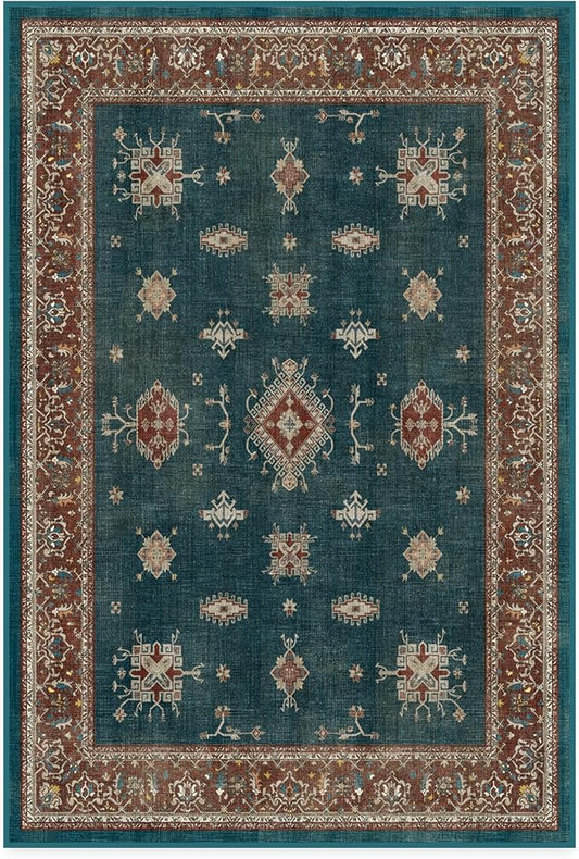 RUGGABLE Washable Vintage Area Rug – Verena Teal Blue 4x6, Stain-Resistant, Non-Slip – Medium Machine Washable Rugs for Living Room, Bedroom, Hallway, Entryway & Office–with Cushioned Pad