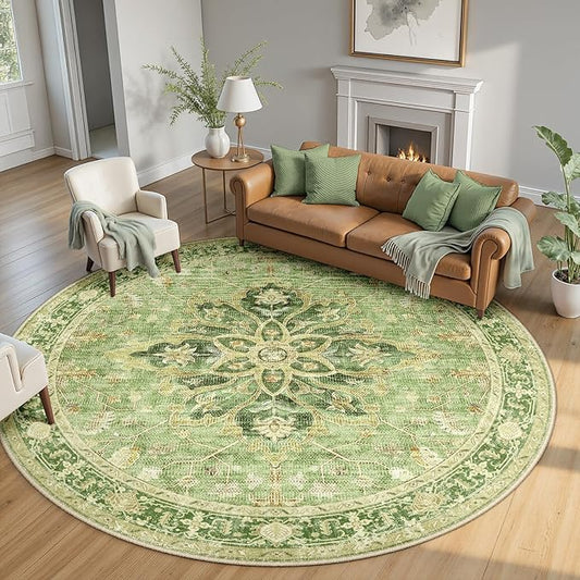 Area Rugs 7ft Washable Non-Slip, Floral Vintage Distress Print Pattern Medallion Carpet for Living Room Bedroom Dining Room, Sage Green Yellow