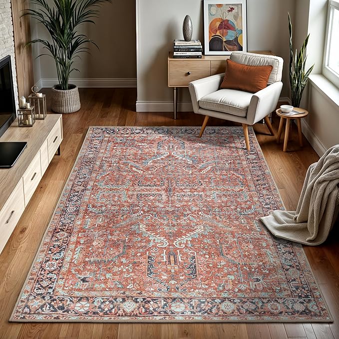 GLN Rugs Traditional Collection - Machine Washable Area Rug, Traditional Washable, Non Slip, Low Pile Chenille Rug, Living Room, Bedroom, Kitchen Rug (4' x 6' Terra/Multicolor 1168)