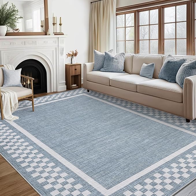 GarveeHome Washable Area Rugs 10x13 Non Slip Soft Large Living Room Rug Modern Checkered Bedroom Rug Soft Geometric Bordered Throw Carpet for Dining Room Home Decor Office Nursery, Blue