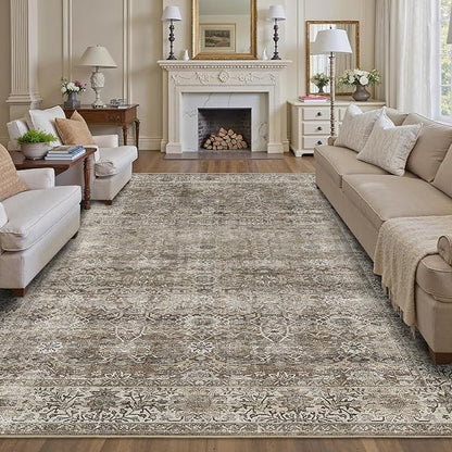 9x12 Washable Area Rug Grey Brown Vintage Rug for Living Room Bedroom Low Pile Soft Non-Slip Boho Rug for Under Table Boho Distressed Retro Carpet for Bedroom Kitchen Office Dining
