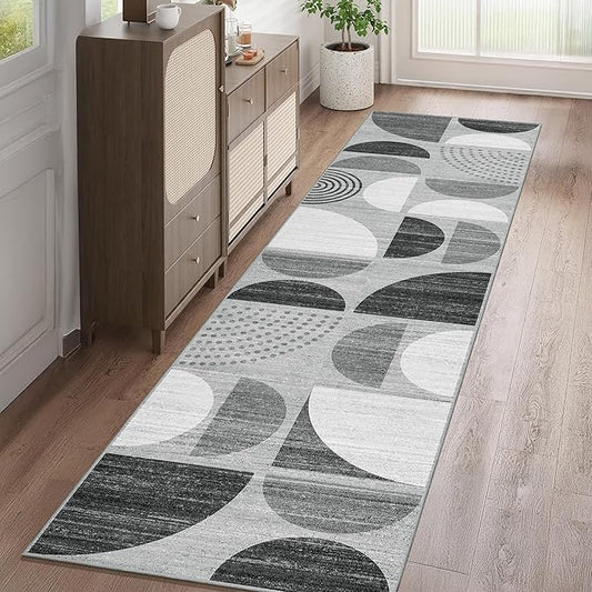 MUJOO Runner Rug Washable,2x8 Area Rugs for Hallways Kitchen Bedroom Entryway Bathroom,Non Slip Carpet Long Mat Indoor,Boho Soft Modern Abstract Black and Grey