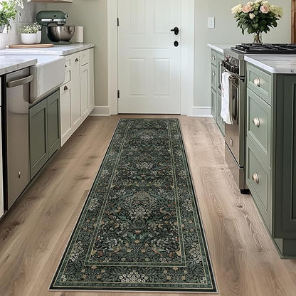 2x6 Floral Washable Area Rug Soft Runner Rugs for Living Room, Vintage Boho Hallway Rug for Bedroom Dining Room, Distressed Botanical Birds Non Slip Low Pile Animal Throw Carpet for Office, Dark Green