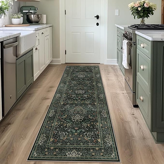 2x6 Floral Washable Area Rug Soft Runner Rugs for Living Room, Vintage Boho Hallway Rug for Bedroom Dining Room, Distressed Botanical Birds Non Slip Low Pile Animal Throw Carpet for Office, Dark Green