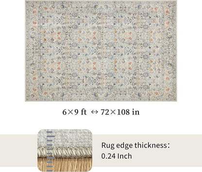 Washable Living Room Rug: 6x9 Boho Floral Soft Area Rug for Bedroom Decor - Vintage Low Pile Thin Carpet for Dining Room Non-Slip - Farmhouse Stain Resistant Rugs - Beige Blue