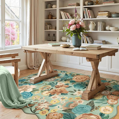 Washable Floral Area Rug 4x6 Green Office Carpet Scalloped Flower Non Slip Soft Living Room Rug Farmhouse Low Pile Thin Indoor Floor Cover for Bathroom Bedroom Kitchen Laundry Dining Room