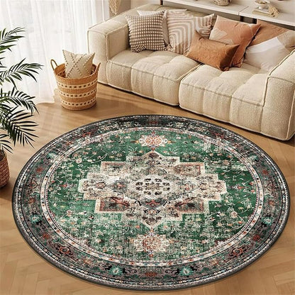 Round Rug 6ft for Bedroom, Green Washable Circle Rug Non-Slip Boho Area Rug 6' Round Carpet for Dining Room Kitchen Dorm Bathroom Low Pile Soft