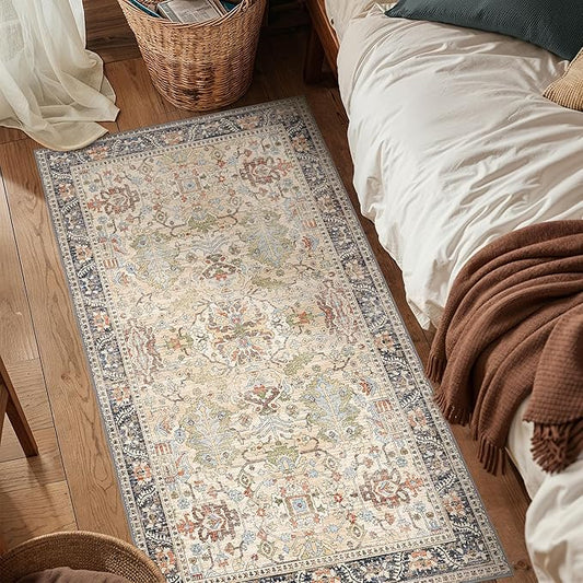 Bavni Area Rug 3x5, Non-Slip Washable Rugs for Living Room Office, Boho Distressed Printed Rug, Low Pile Foldable Decorative Carpet for Bedroom Kitchen Office, Ivory/Teal