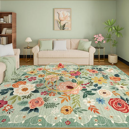 DUKINO 9x12 Area Rug, Floral Rugs for Living Room, Lightweight Non Slip Washable Rug, Indoor Low Pile & Non-Shedding Boho Design Rugs for Bedroom, Living Room, Dining Room,Green