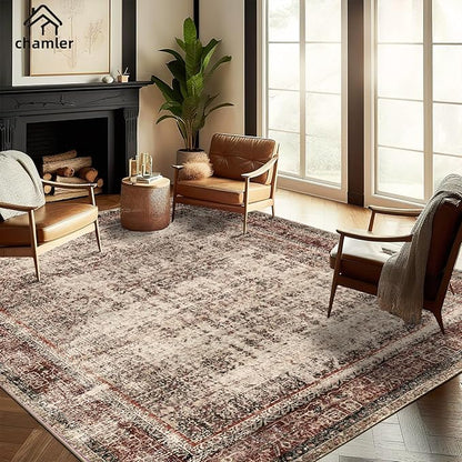 8x10 Area Rug Washable Vintage Traditional Mat Distressed Indoor Foldable Thin Retro Accent Floral Non Slip Carpet Rugs for Living Room Dining Room Office