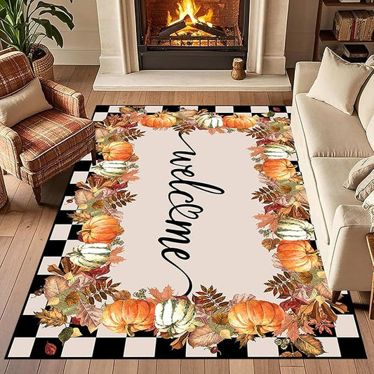 Checkered Area Rugs, 3x5ft, Black and White Check with Fall Leaves Pumpkin Autumn Harvest Carpet, Entrance Rubber Non Slip Breathable Fall Rug for Dining Room Laundry