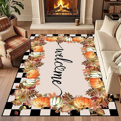 Checkered Area Rugs, 5x6ft, Black and White Check with Fall Leaves Pumpkin Autumn Harvest Carpet, Entrance Rubber Non Slip Breathable Fall Rug for Dining Room Laundry