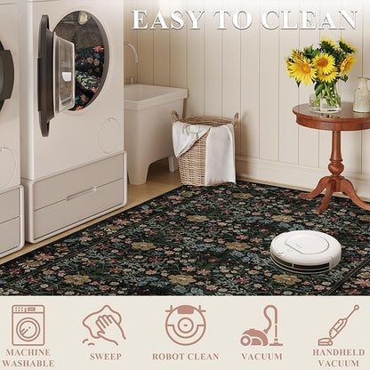 DUKINO 3x5 Area Rug, Vintage Floral Washable Rug for Bedroom with Non Slip Design, Soft Low Pile Indoor Small Carpet for Bedroom, Farmhouse, Living Room, Office, Bathroom, Black