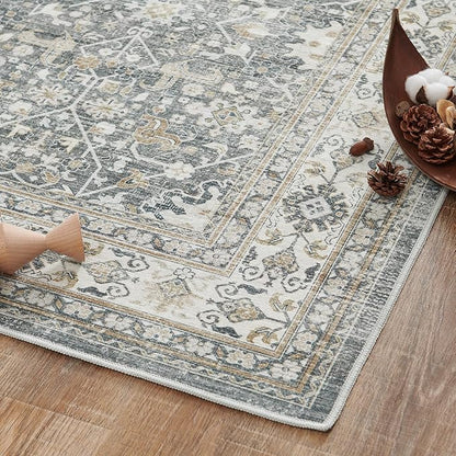 jinchan Area Rug 3x5 Washable Entryway Rug Distressed Gray Multi Vintage Floral Kitchen Print Floor Cover Indoor Doormat Retro Bathroom Living Room Bedroom Office Farmhouse Grey