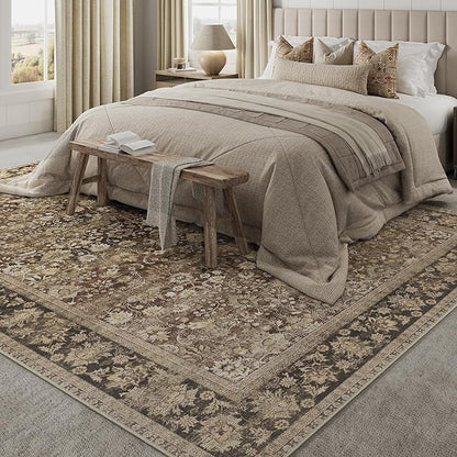 HUGEAR 8x10 Machine Washable Rugs Brown Hallway Large Area Rug Indoor Accent Rug Floral Mid Pile Carpet Soft Soft Thicker Aesthetic Rug Bedroom Living Room Office Dining Kitchen Laundry