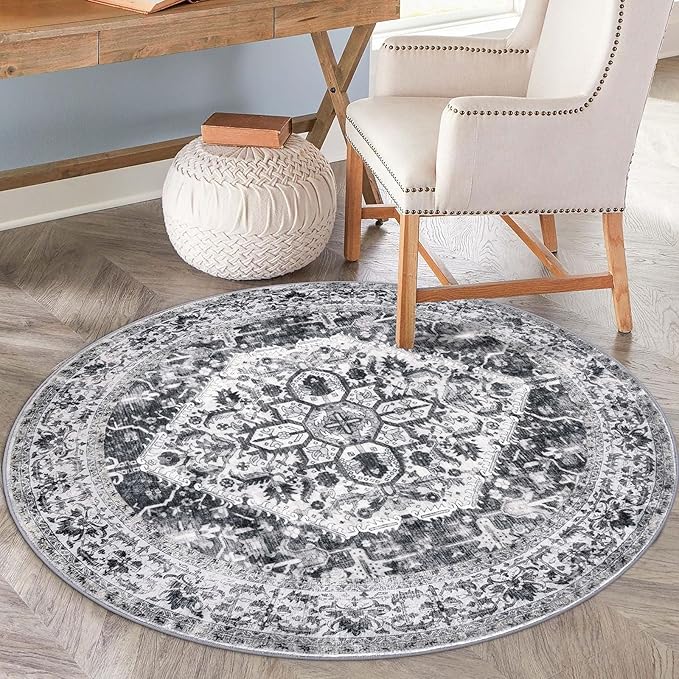 KOZYFLY Round Rug 6 Ft Rugs for Entryway Washable Circle Rug Non Slip Round Living Room Rugs Printed Faux Wool Round Dining Room Floor Carpet for Living Room, Entryway, Bedroom, Grey