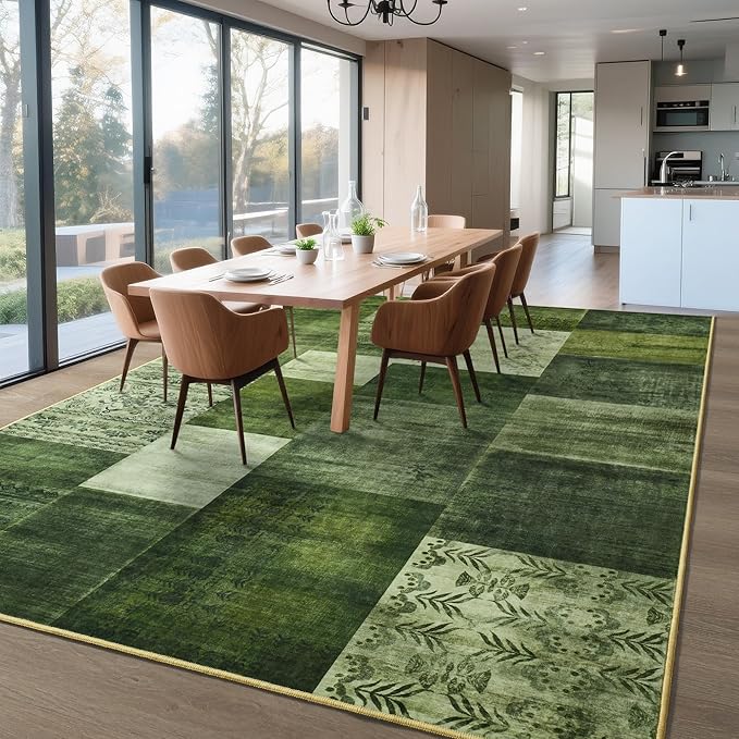 Tepook Modern Area Rug for Living Room, 6x9 Geometric Large Rugs for Bedroom, Washable Patchwork Rug Indoor Non-Slip Throw Carpets for Dining Room Office Farmhouse Home Decor, Green