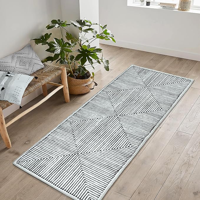 Bloom Rugs Washable Non-Slip 10 ft Runner - Black/Ivory Striped Runner for Entryway, Hallway, Bathroom, and Kitchen - Exact Size: 2.5' x 10'