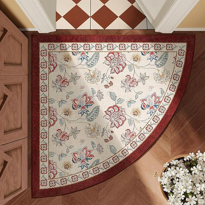 jinchan Elora Floral Corner Rug for Entryway Washable Kitchen Rug Vintage Romance Design Non Slip Quarter Circle Lightweight Low-Pile Throw Carpet for Playroom Reading Nook, 4ft Radius, Red/Beige